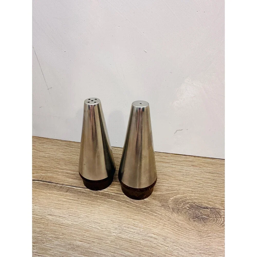Vintage Danish Lundtofte Lone Sachs MCM Cone Salt & Pepper Stainless and Walnut